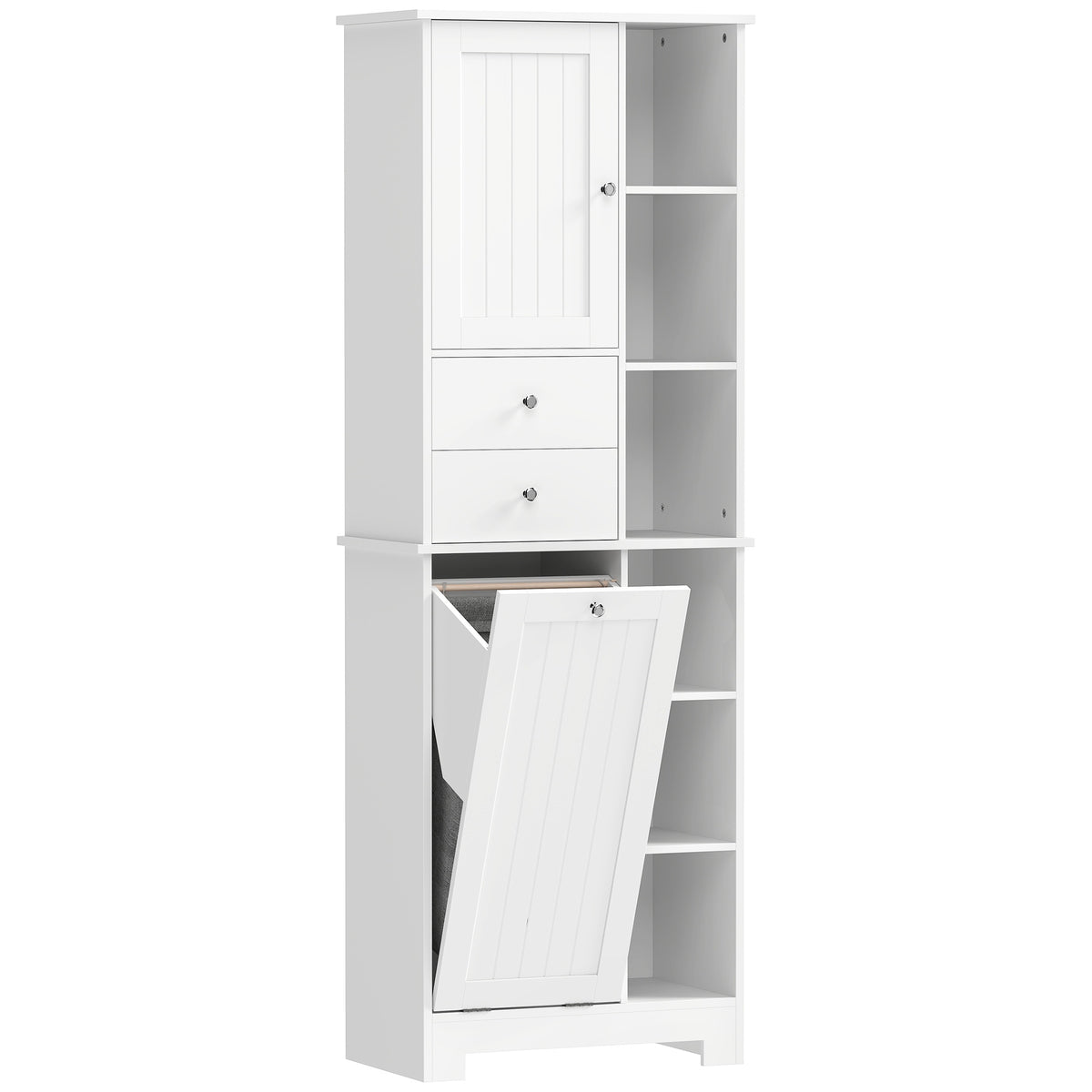 Narrow Bathroom Cabinet With Hamper, 2 Drawers, White