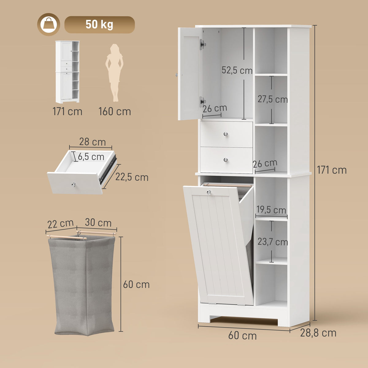 Narrow Bathroom Cabinet With Hamper, 2 Drawers, White