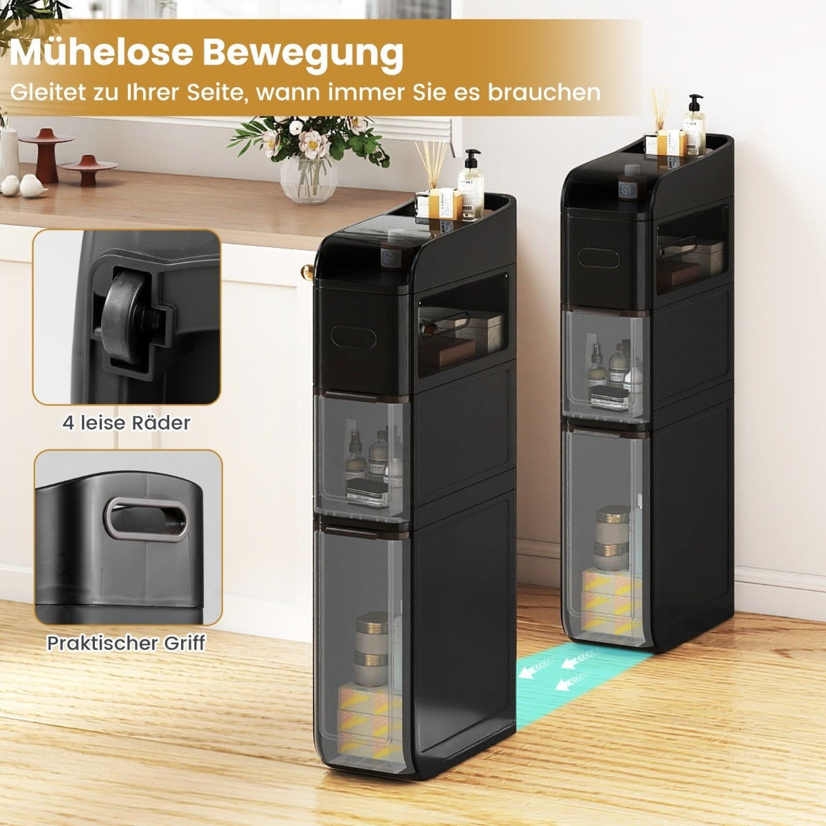 Narrow Bathroom Cabinet with 2 Drawers, Tissue Box, Black