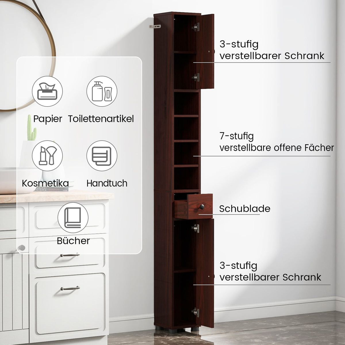 Narrow Bathroom Cabinet with Adjustable Shelves, Drawer