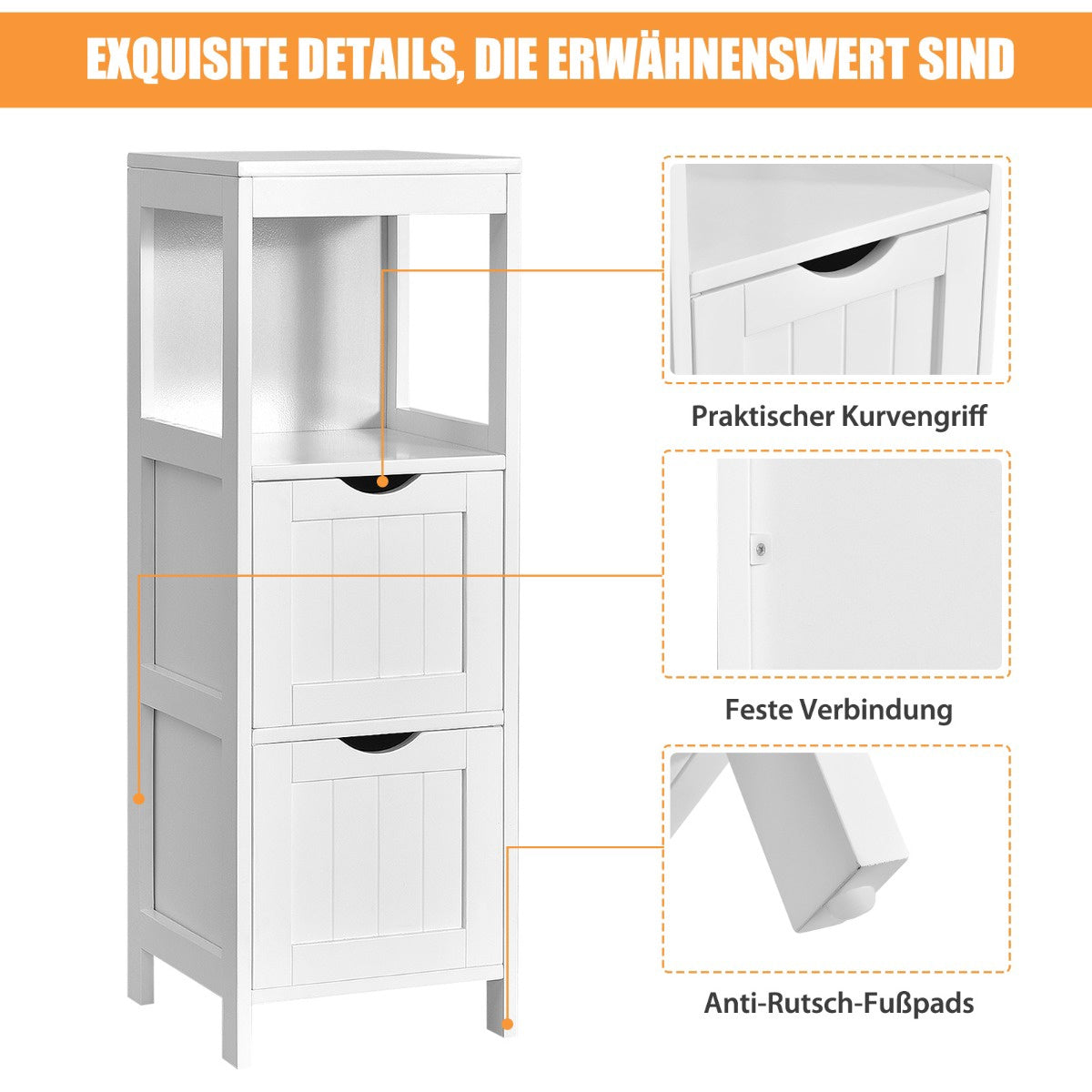 Narrow Bathroom Storage Cabinet, 2 Drawers, Open Shelf, White
