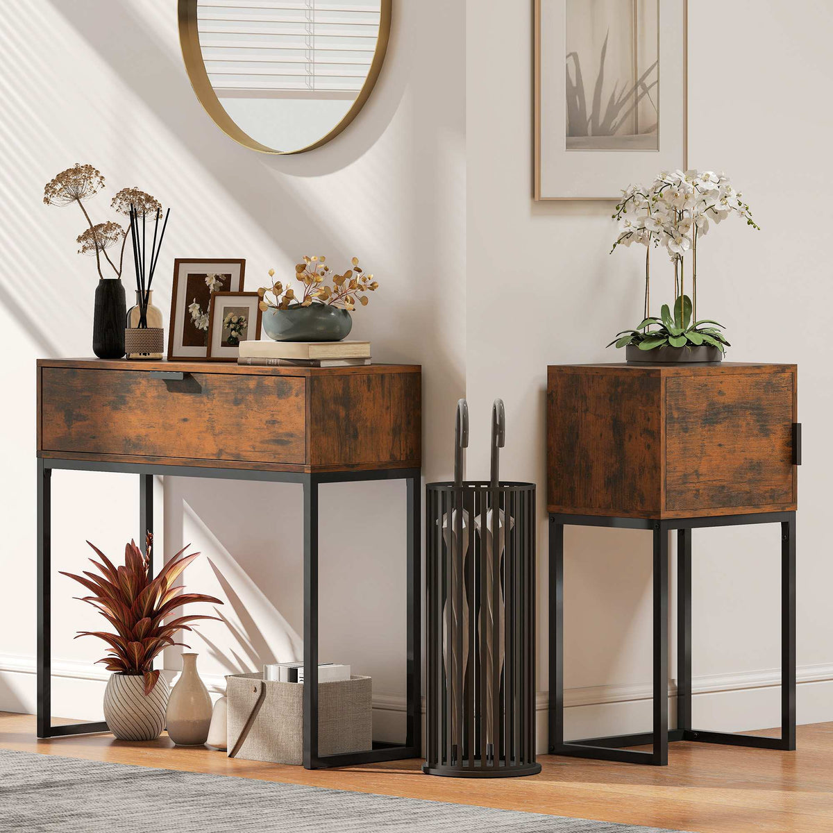 Narrow Console Table, Industrial Design, Rustic Brown, 40x30x76cm