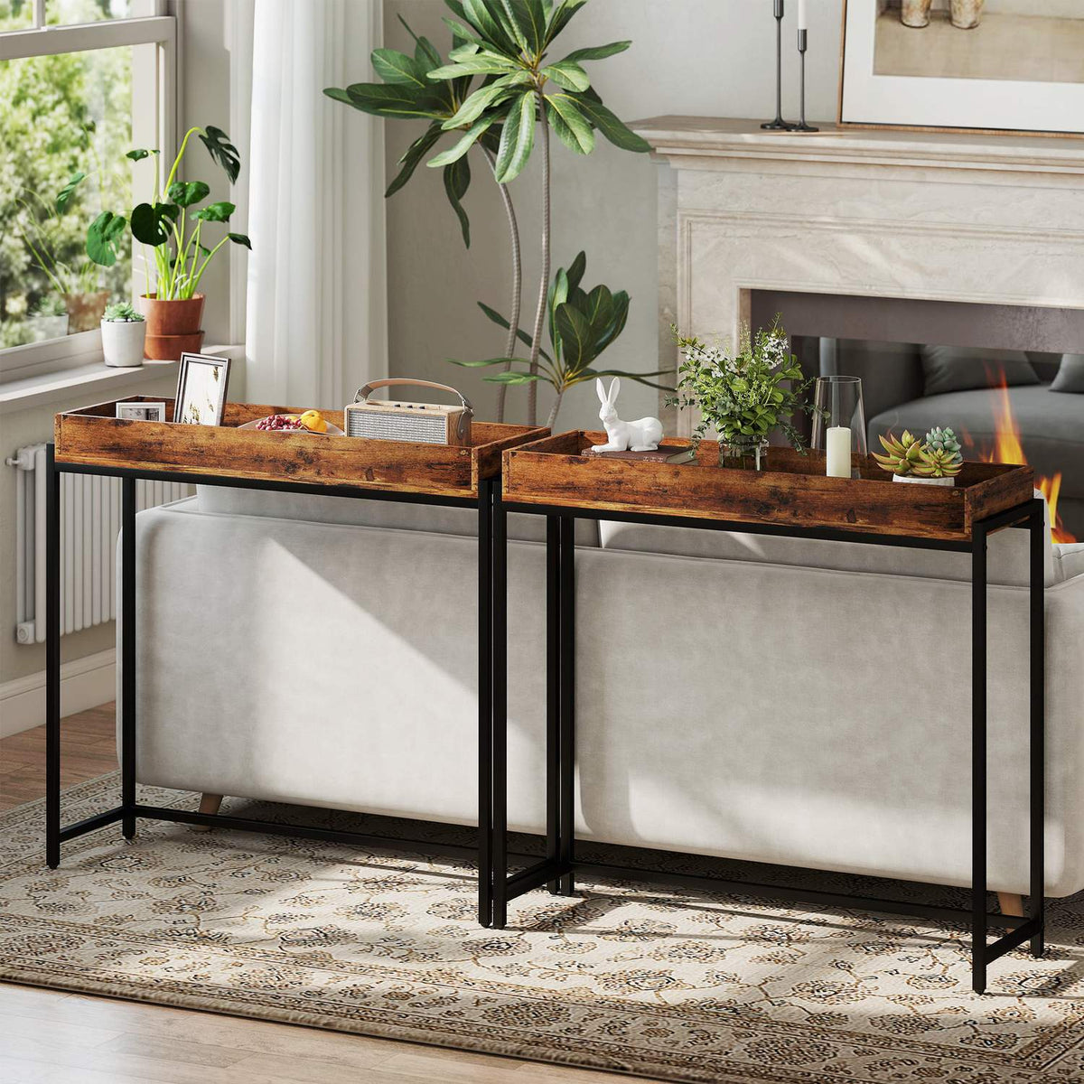 Narrow Console Table, Metal & Chipboard, Rustic Brown
