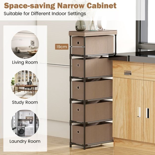 Narrow Dresser, 5 Drawers, Metal Frame, Wood Top