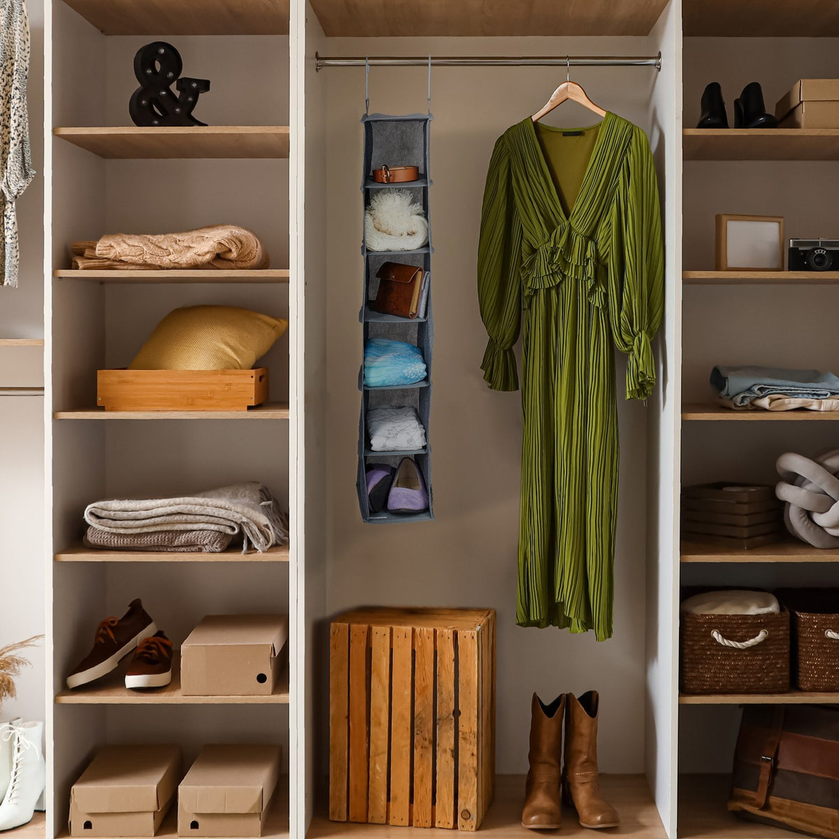 Narrow Hanging Storage Organizer, 6 Compartments Fabric