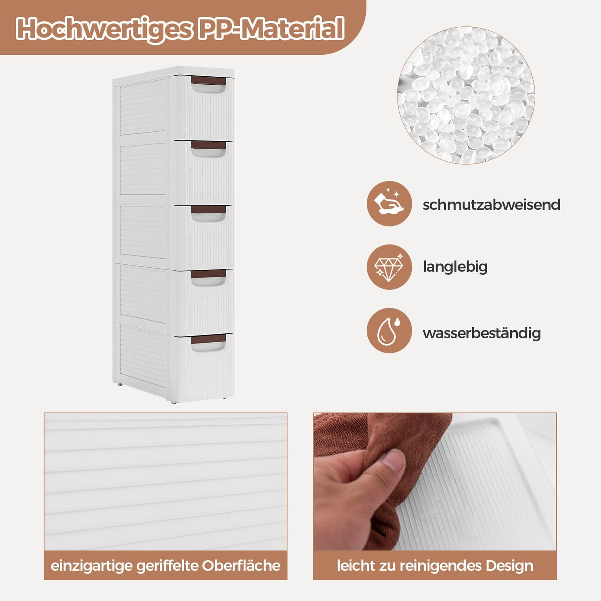 Narrow Rolling Storage Cart, 5 Drawers, 20cm Wide, White