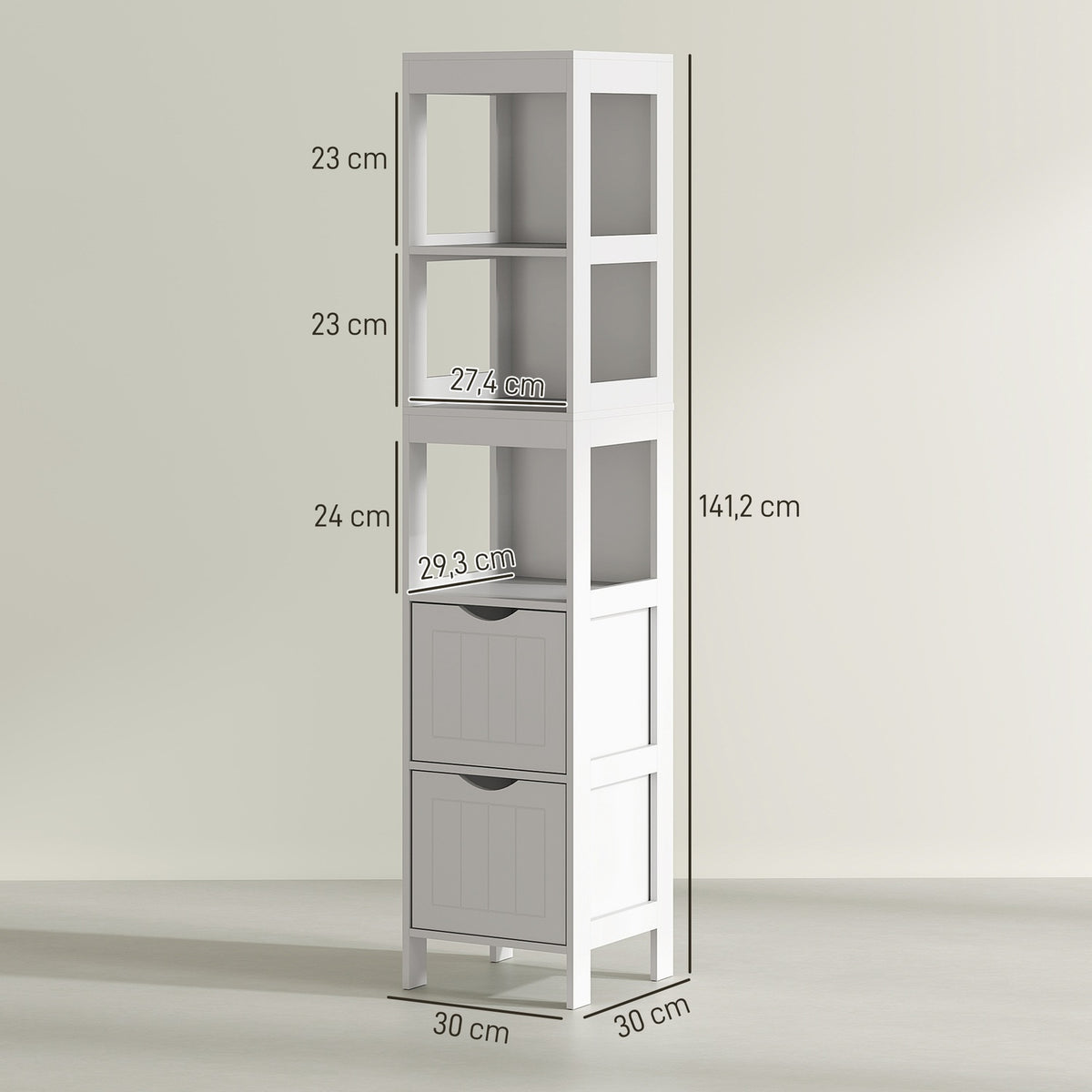 Narrow bathroom cabinet, tall toilet cabinet with 2 drawers and 3 open compartments, bathroom cabinet for small rooms bathroom, living room 30 x 30 x 141.2 cm white