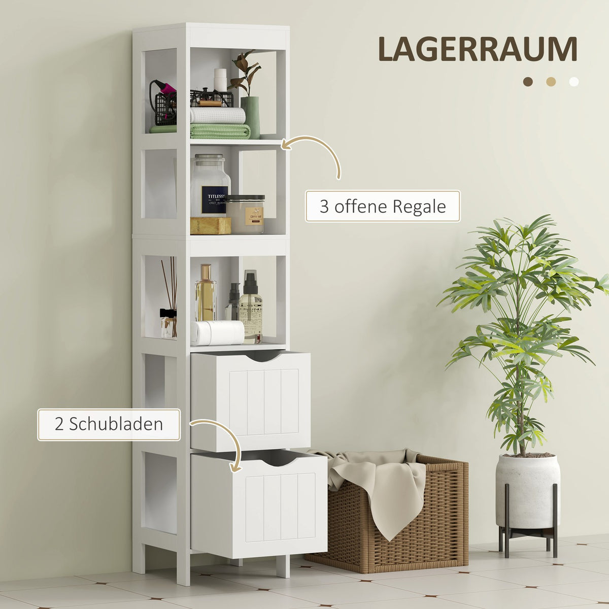 Narrow bathroom cabinet, tall toilet cabinet with 2 drawers and 3 open compartments, bathroom cabinet for small rooms bathroom, living room 30 x 30 x 141.2 cm white