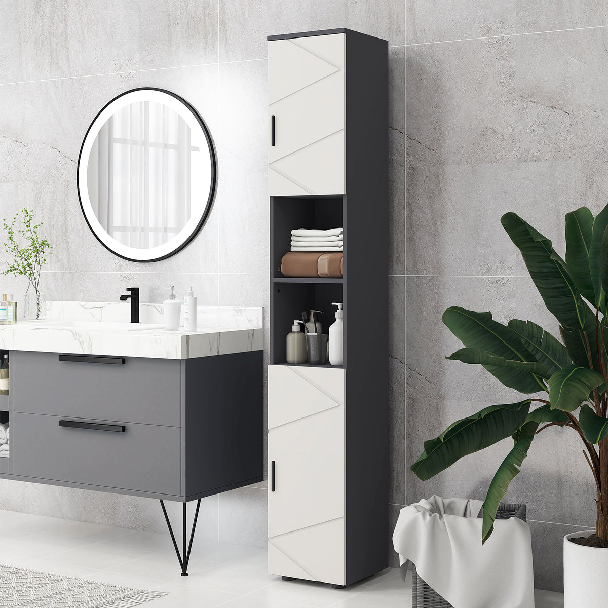 Narrow bathroom cabinet, tall toilet cabinet with adjustable shelf and 2 open compartments, bathroom cabinet for small spaces bathroom, living room 30 x 30 x 183 cm gray |