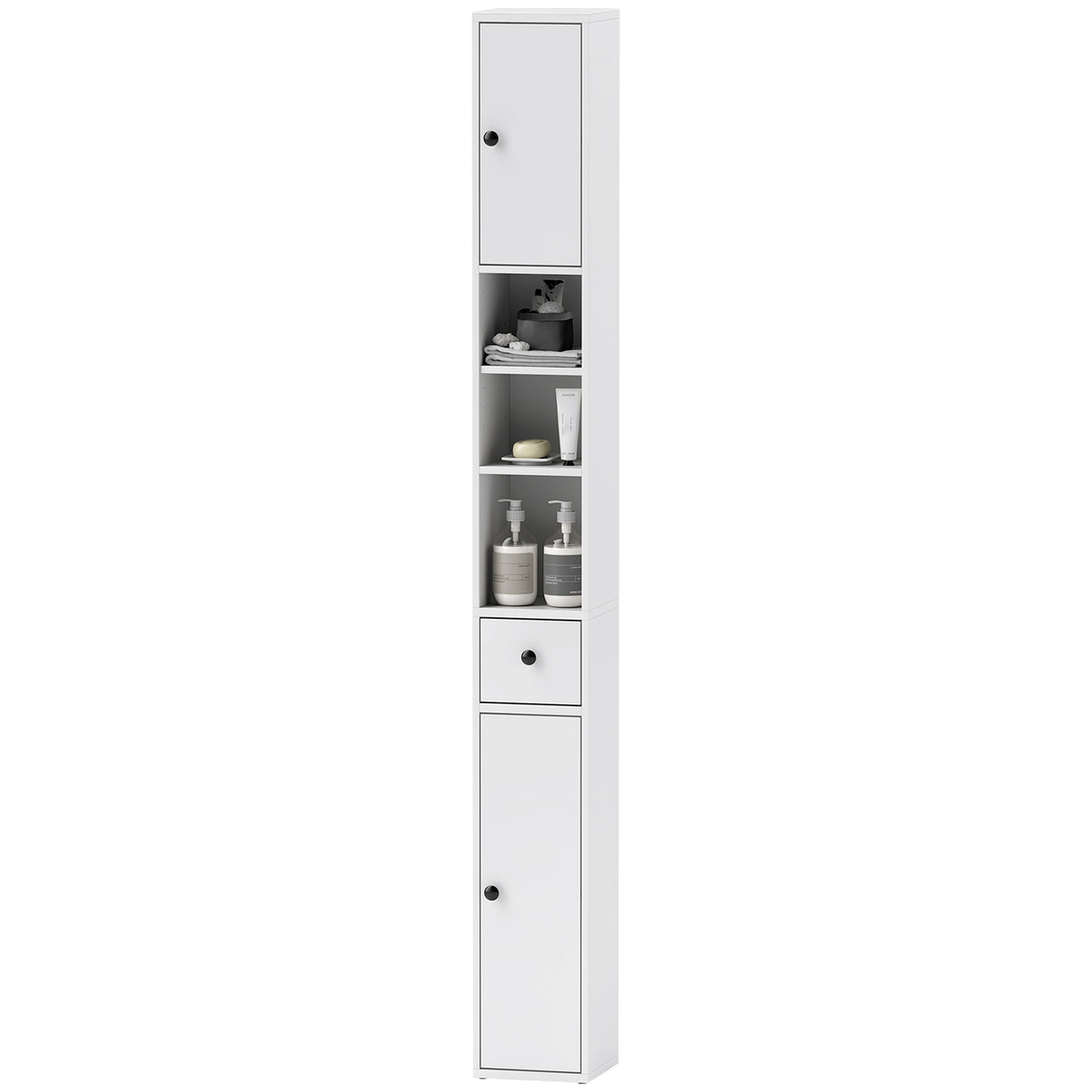 Narrow bathroom cabinet, tall toilet cabinet with drawer, 3 open compartments, adjustable shelf, bathroom cabinet for small rooms, bathroom, living room 20 x 20 x 178 cm white