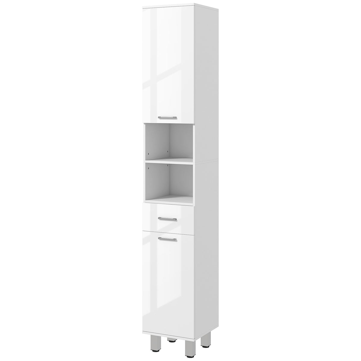 Narrow bathroom cabinet, tall toilet cabinet with high gloss white drawer, adjustable shelf and 2 open compartments, for small rooms bathroom 30 x 30 x 180 cm white |