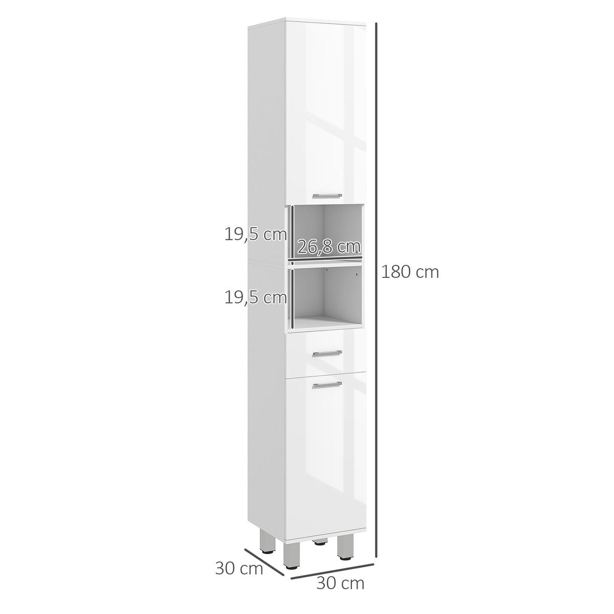 Narrow bathroom cabinet, tall toilet cabinet with high gloss white drawer, adjustable shelf and 2 open compartments, for small rooms bathroom 30 x 30 x 180 cm white |