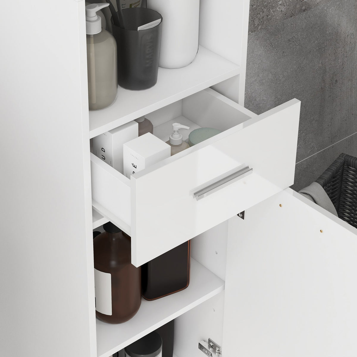Narrow bathroom cabinet, tall toilet cabinet with high gloss white drawer, adjustable shelf and 2 open compartments, for small rooms bathroom 30 x 30 x 180 cm white |