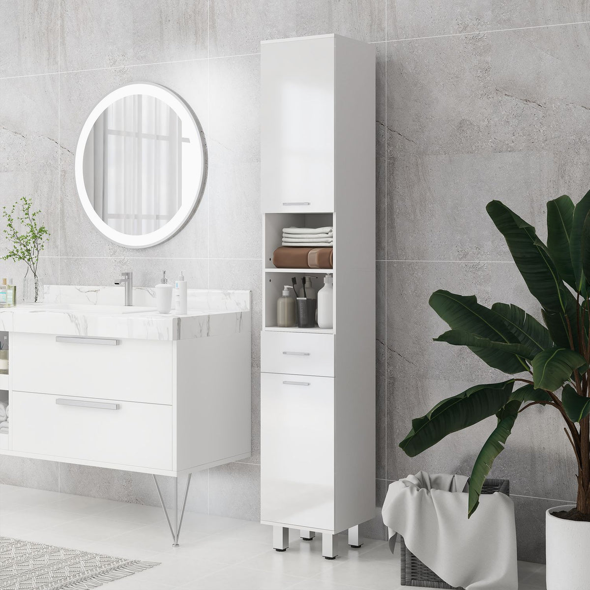 Narrow bathroom cabinet, tall toilet cabinet with high gloss white drawer, adjustable shelf and 2 open compartments, for small rooms bathroom 30 x 30 x 180 cm white |