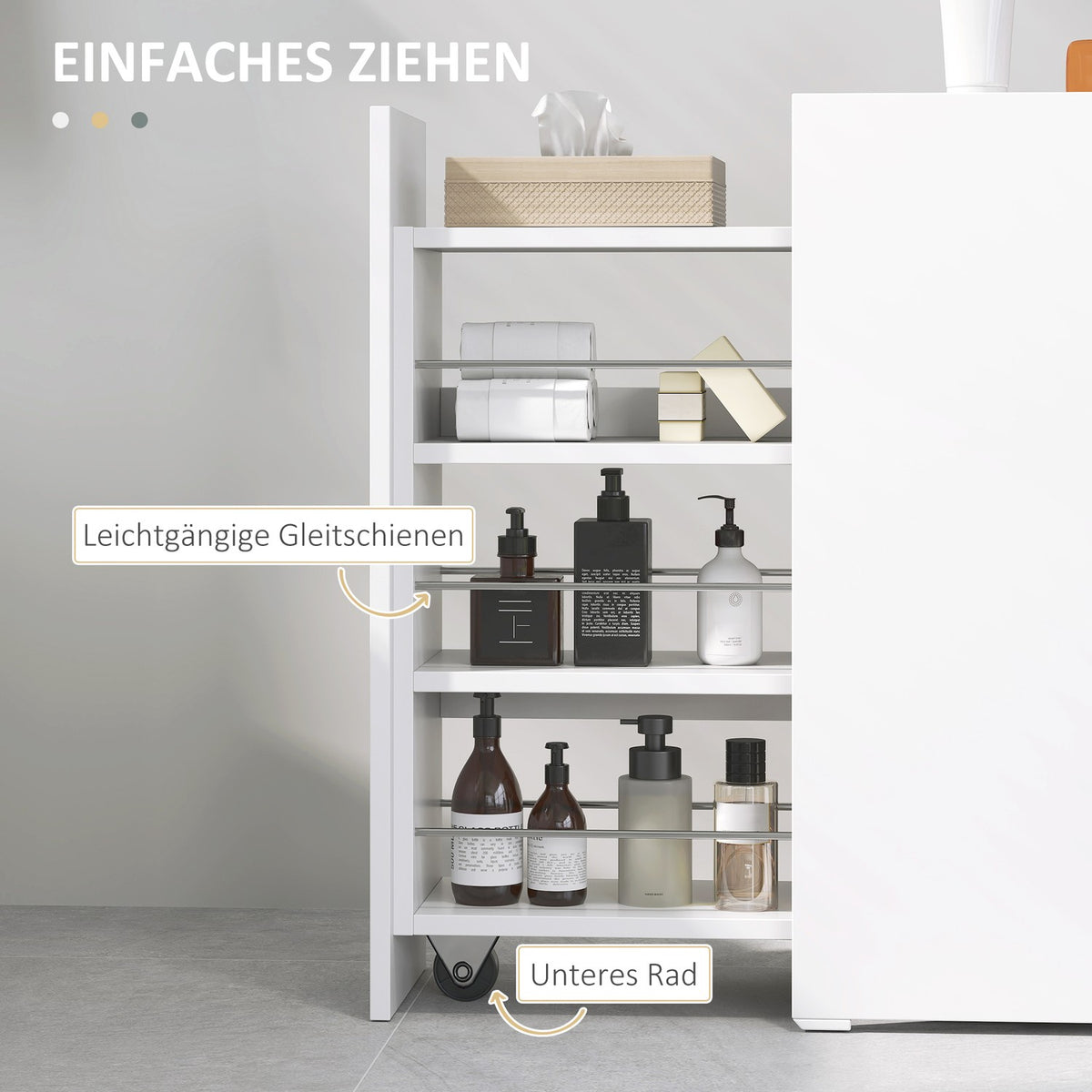 Narrow bathroom cabinet, toilet cabinet, side cabinet with wheel, drawer including 3 deep compartments, niche shelf, bathroom cabinet for small rooms, living room, bathroom, 47 x 25 x 66.5 cm white