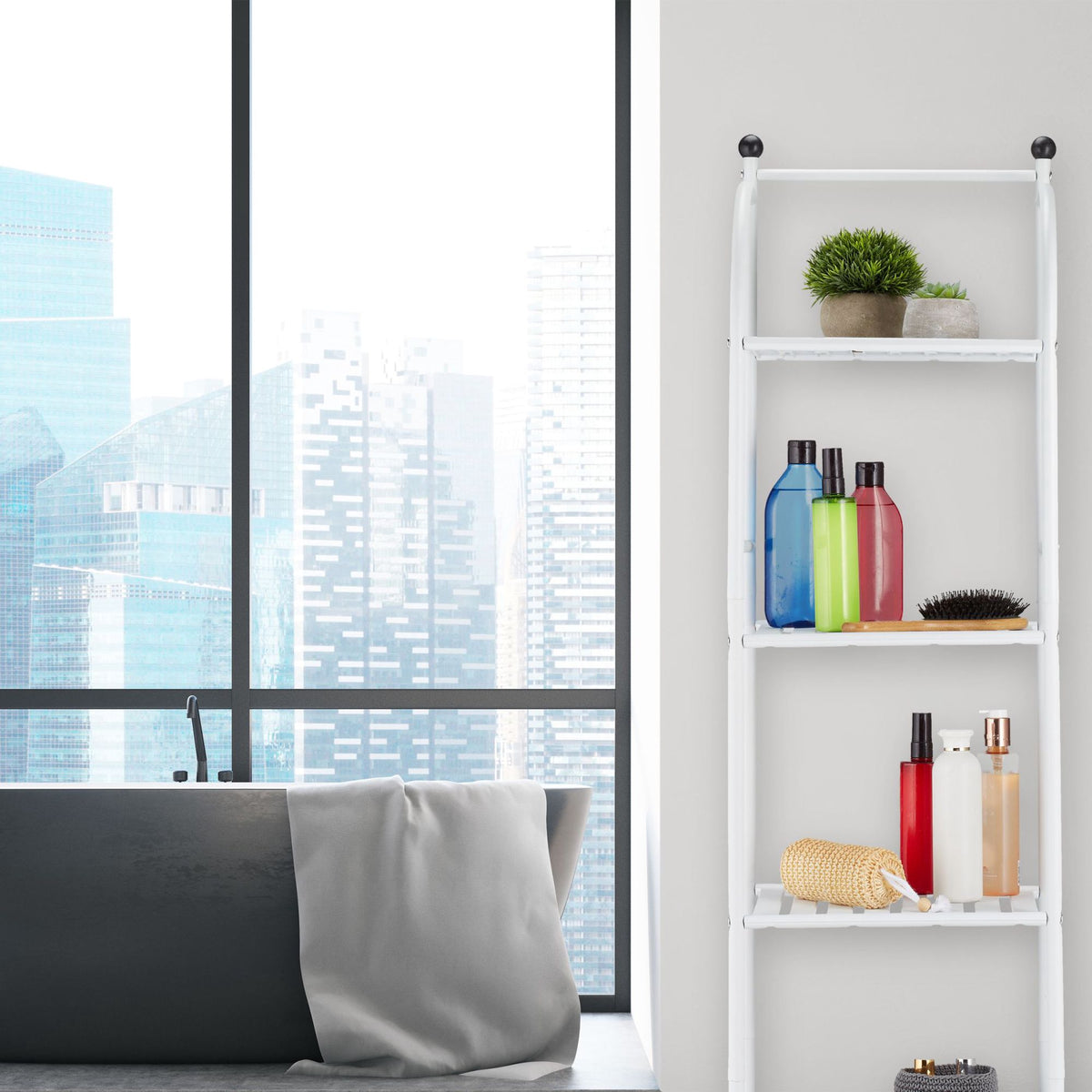 Narrow floor-standing shelf with 5 shelves