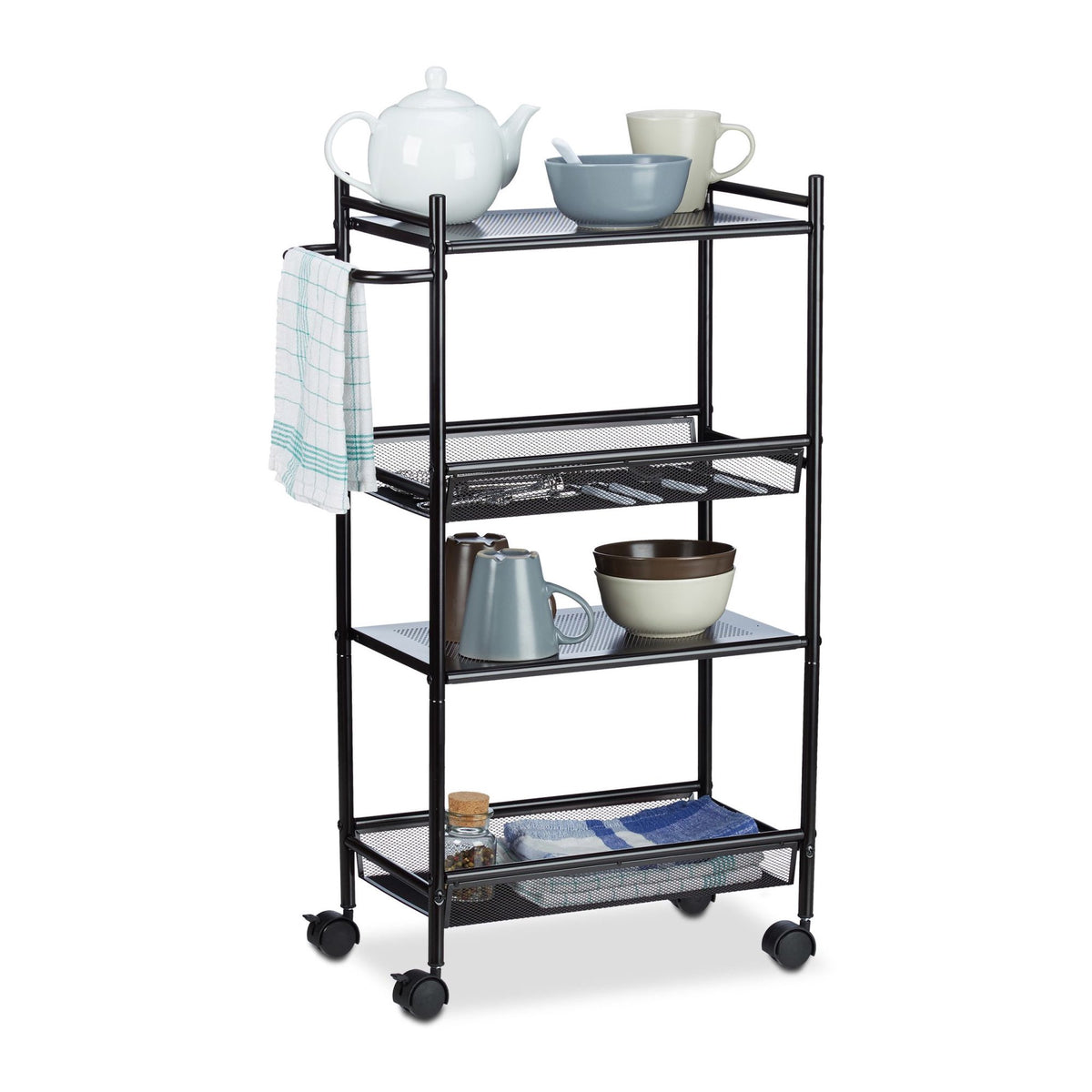 Narrow rolling shelf with 4 shelves
