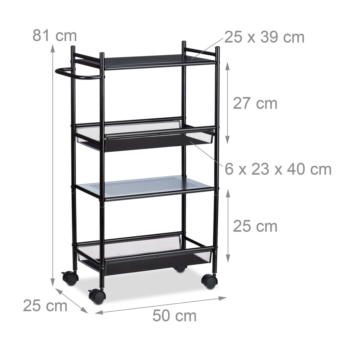 Narrow rolling shelf with 4 shelves