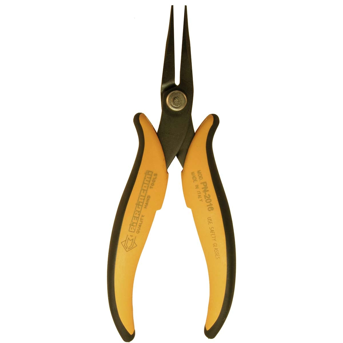 Needle nose pliers with long, smooth jaws rounded on the outside