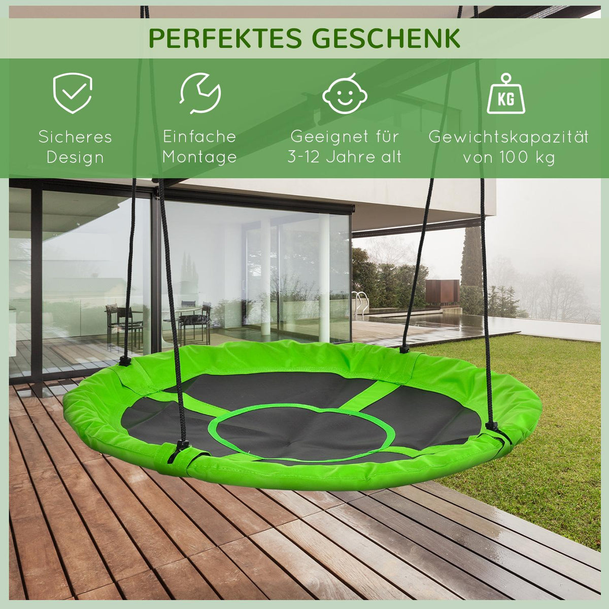 Nest Swing Ø110 Cm, Hanging Swing Up To 150 Kg, Adjustable Children'S Swing, Plate Swing For 3-12 Years Children, Green