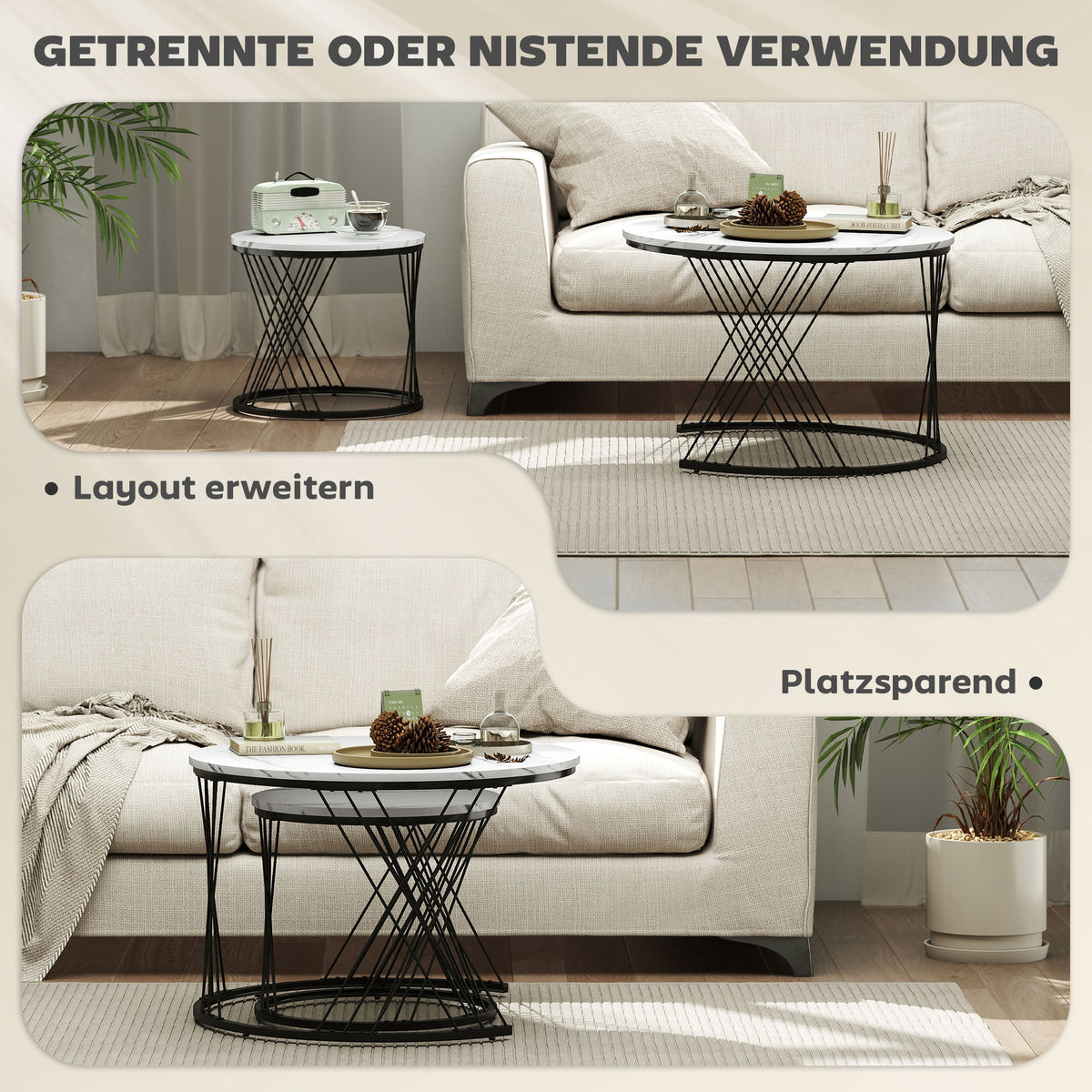 Nestable Coffee Table Set, Marble Look, White, 2-Piece