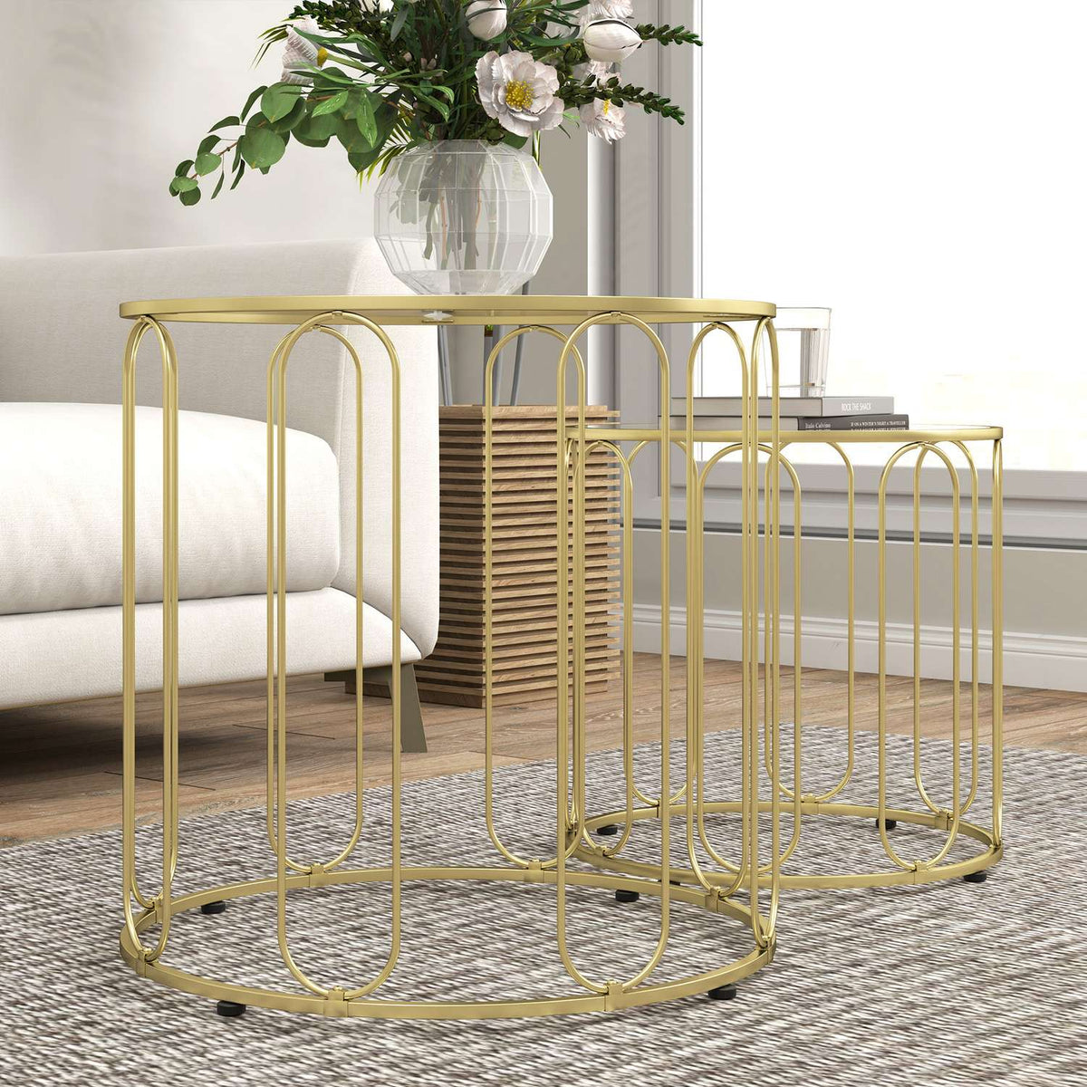 Nested Round Coffee Tables, Metal Frame, Glass Top