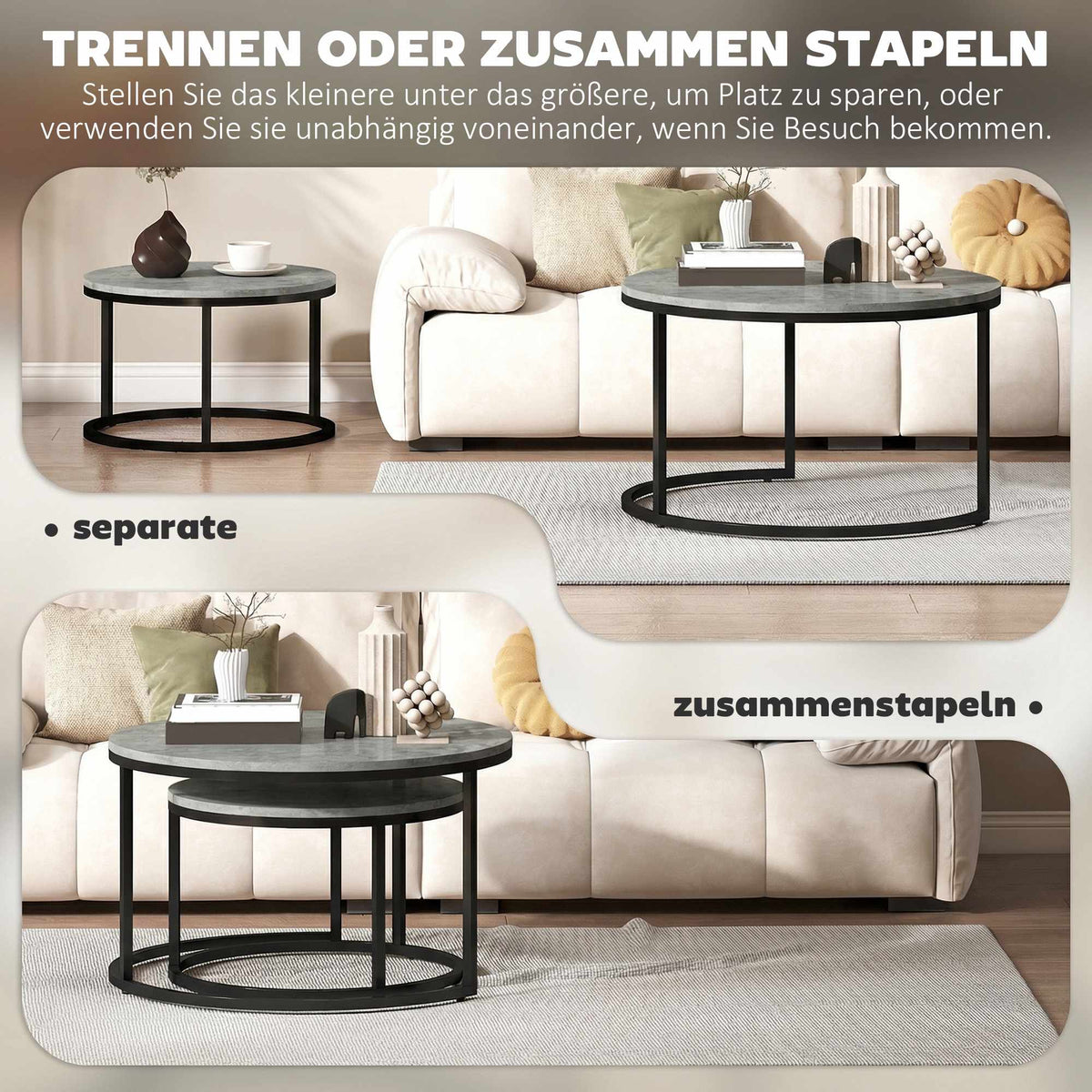 Nesting Coffee Table Set, Cement Look, Metal Frame