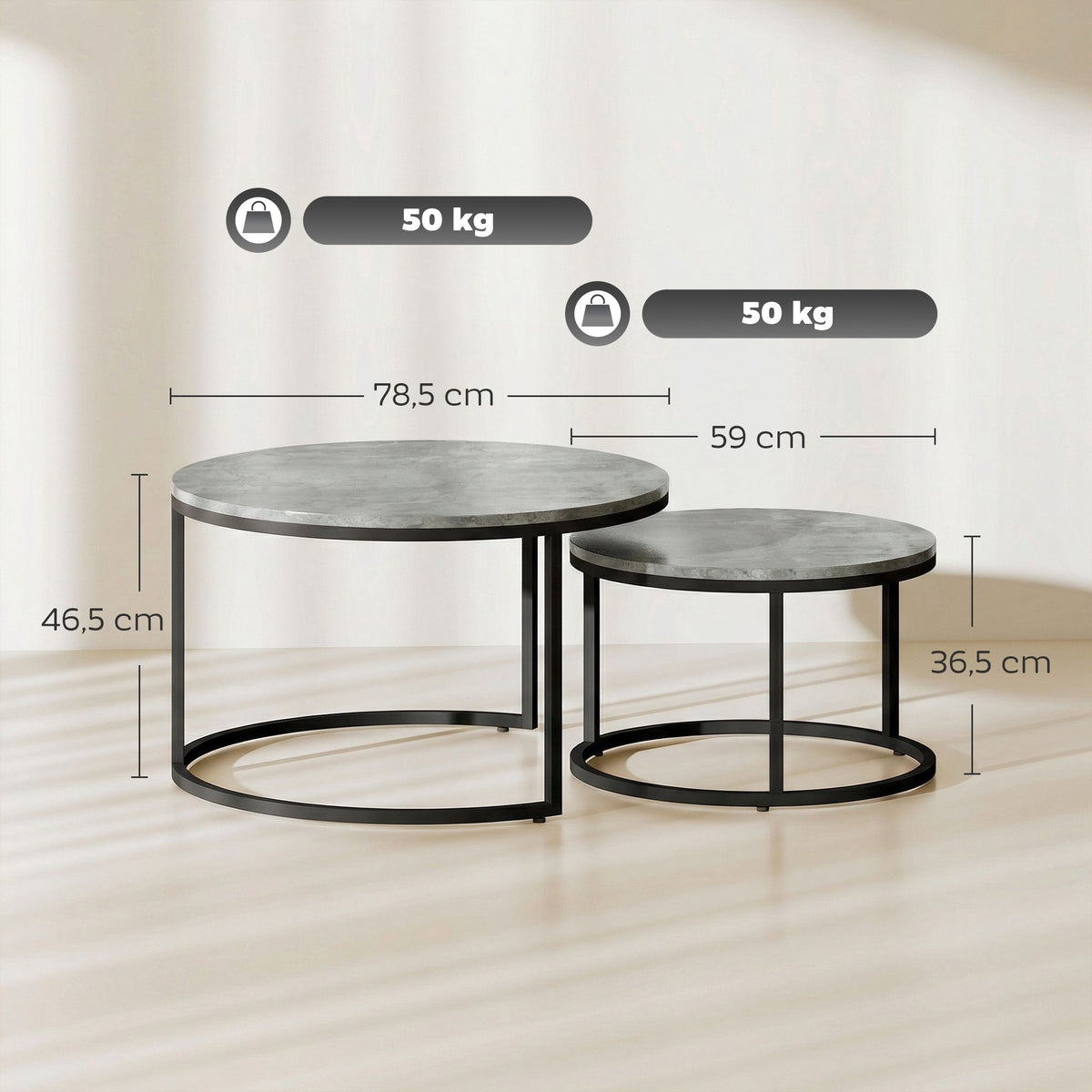 Nesting Coffee Table Set, Cement Look, Metal Frame