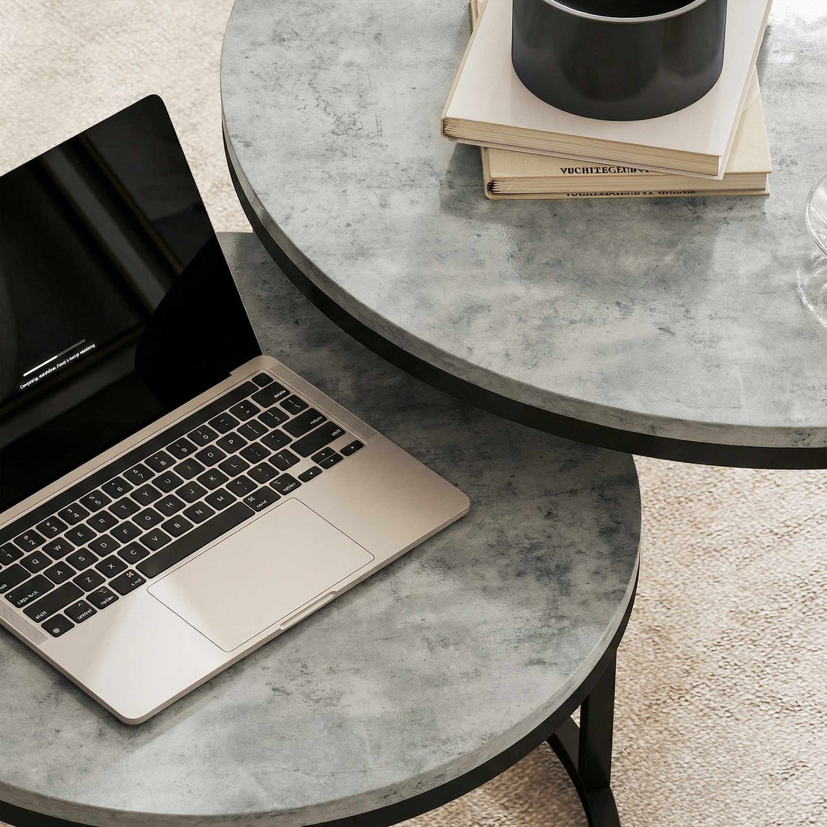 Nesting Coffee Table Set, Cement Look, Metal Frame