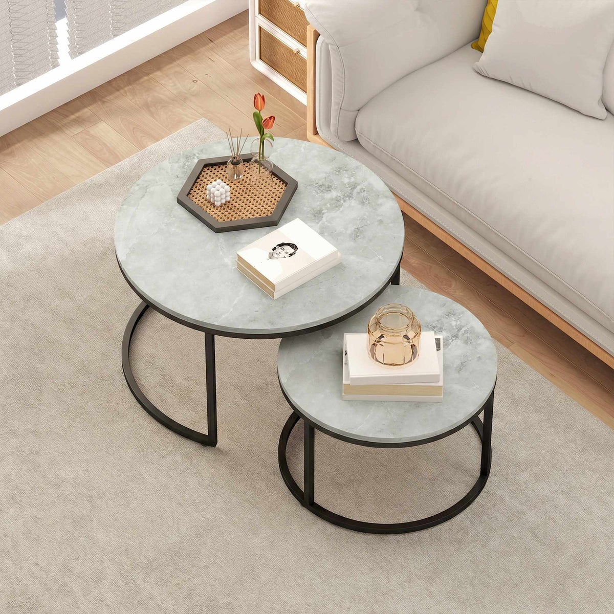 Nesting Coffee Table Set, Marble Look, Metal Frame, 2-Piece