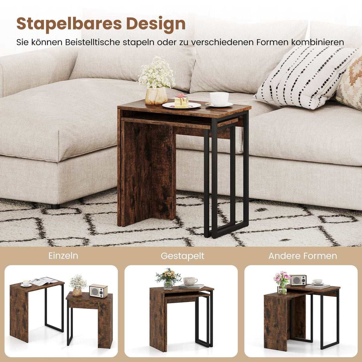 Nesting Coffee Table Set, Rustic Brown, Metal Frame