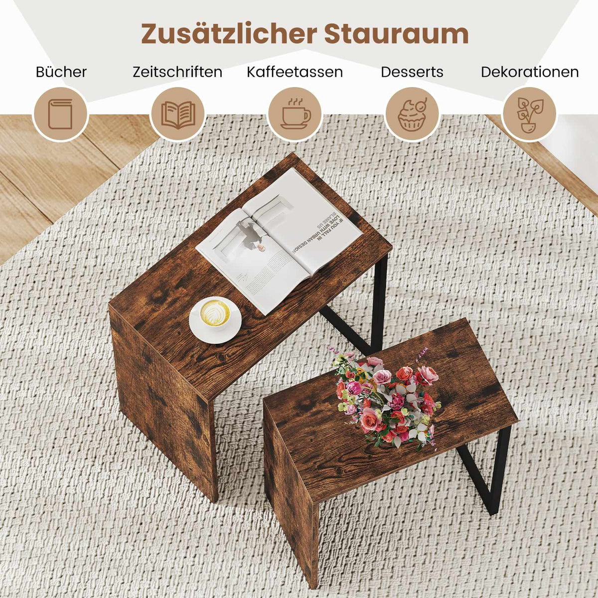 Nesting Coffee Table Set, Rustic Brown, Metal Frame
