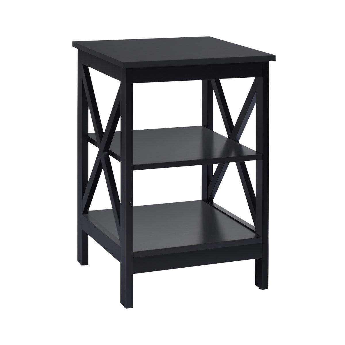 Nightstand, 3-Tier X-Frame MDF Side Table, Black