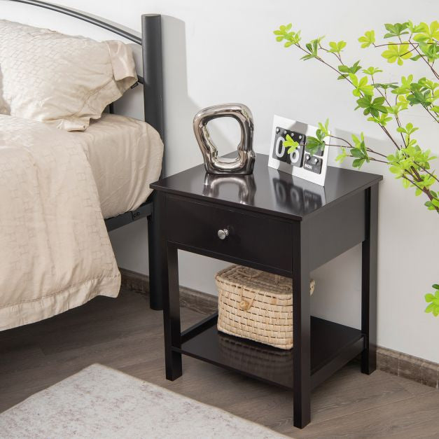 Nightstand Set of 2, Drawer and Shelf, Black