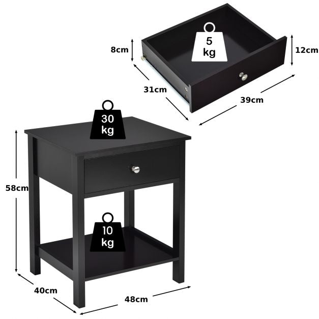 Nightstand Set of 2, Drawer and Shelf, Black