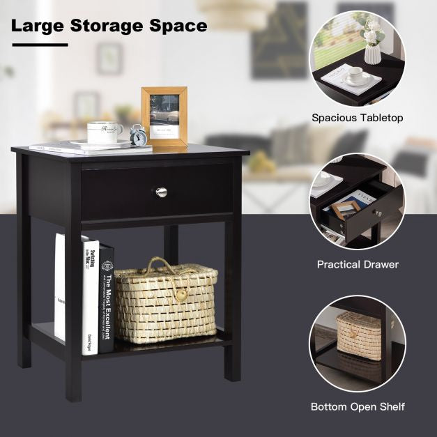 Nightstand Set of 2, Drawer and Shelf, Black