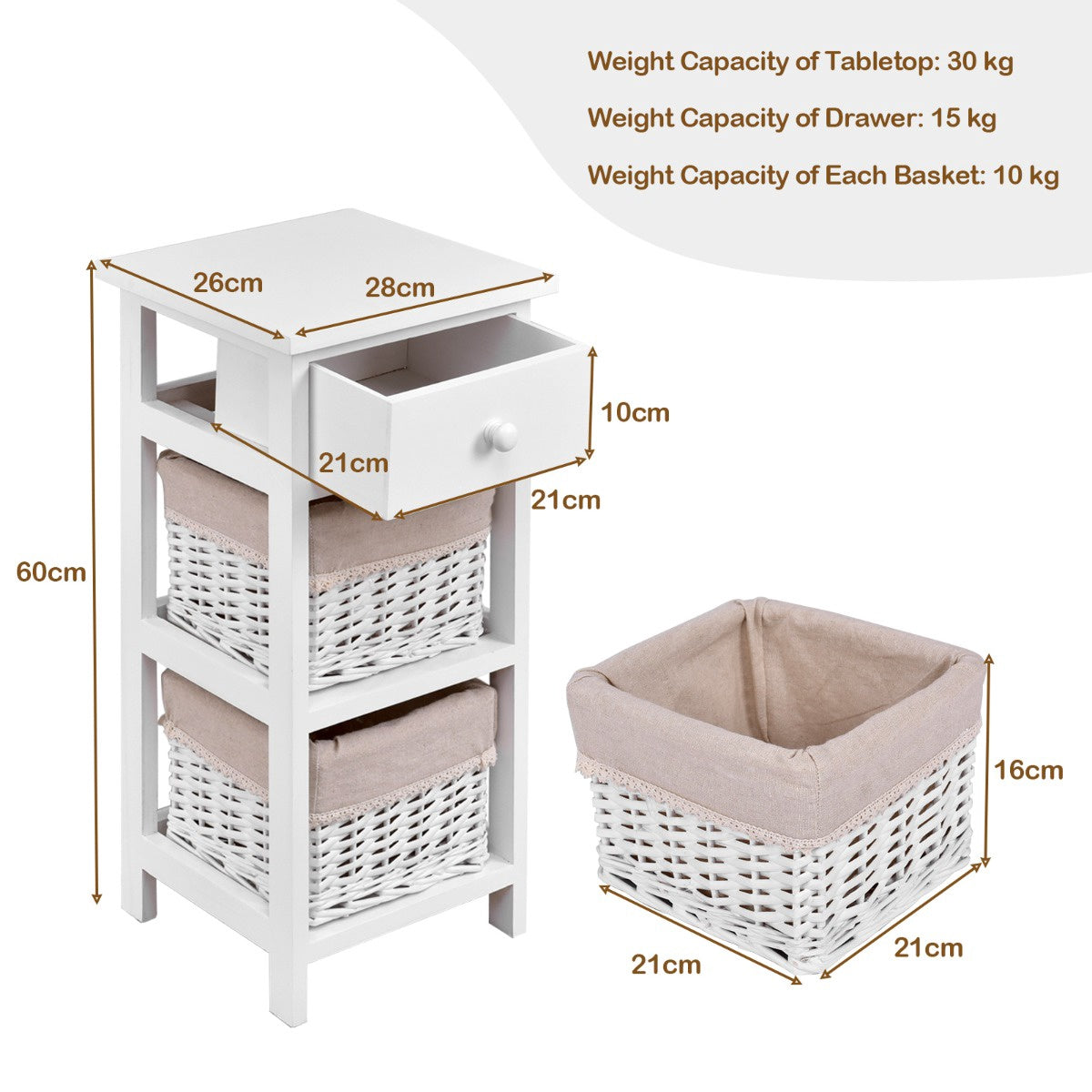 Nightstand, White Wood, 2 Rattan Drawers, 1 Drawer