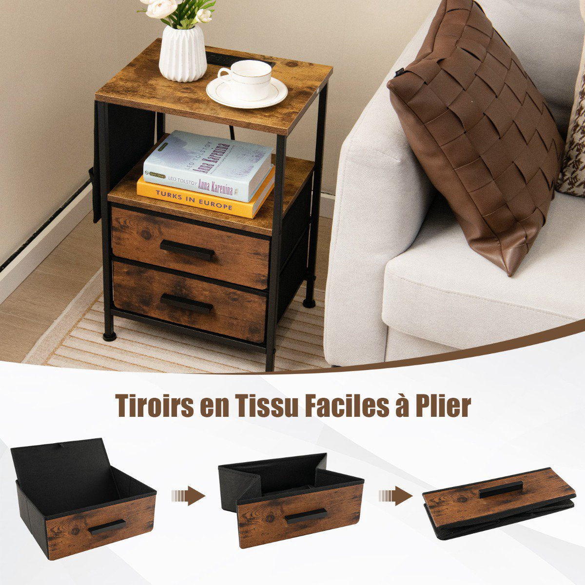 Nightstand With Charging Station, 2 Drawers, 6 Pockets