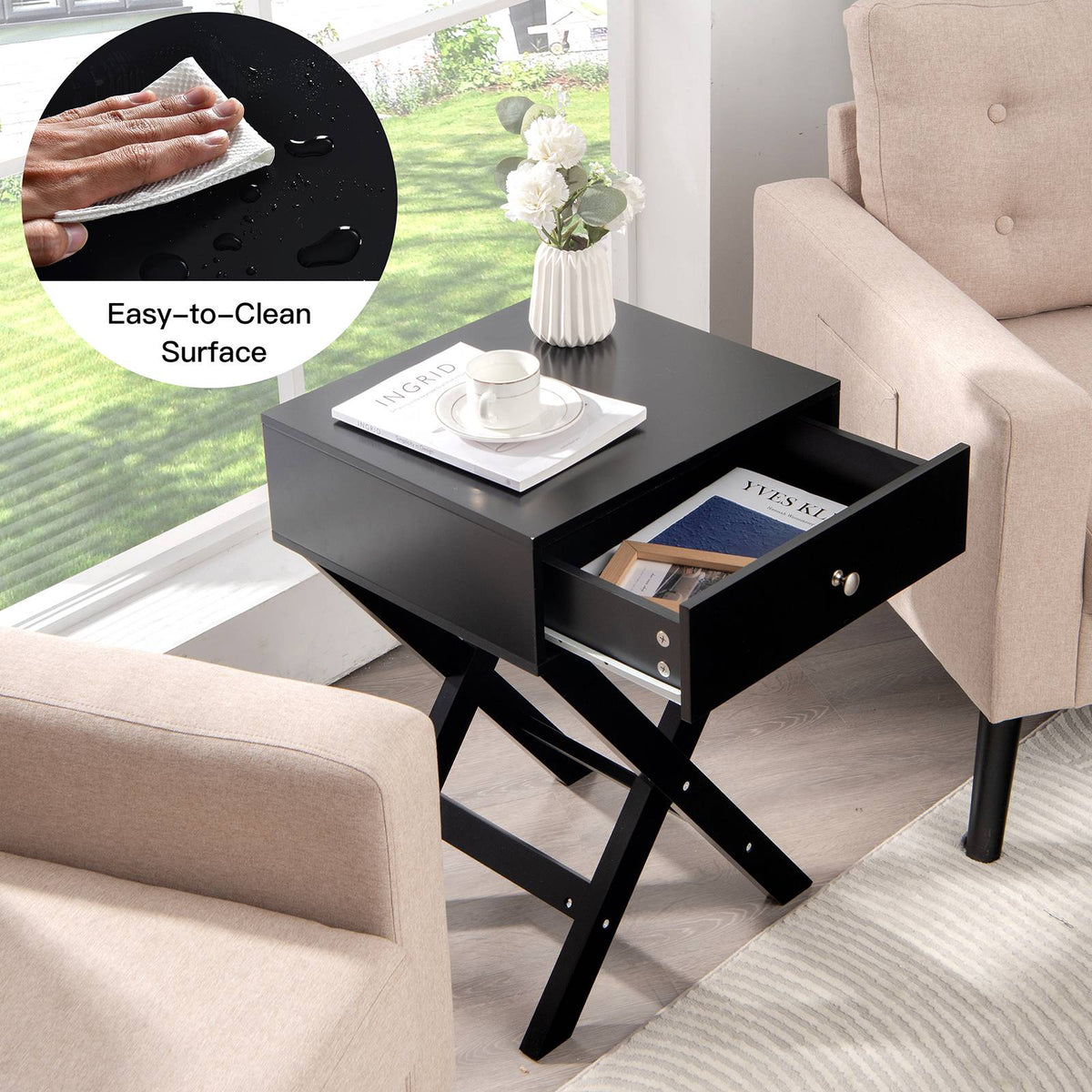 Nightstand With Drawer, X-Frame MDF, Black