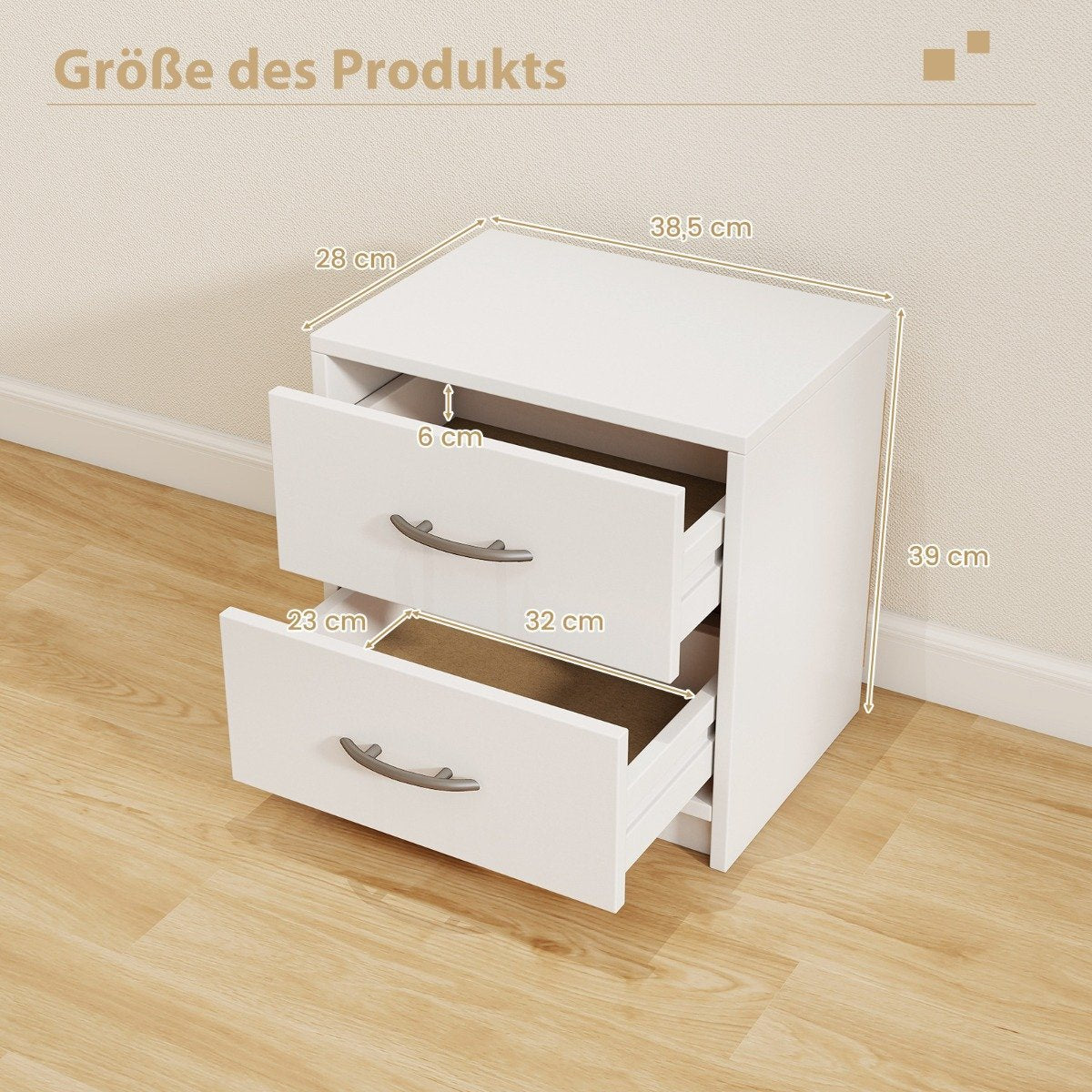 Nightstand with 2 Drawers – White, Compact Bedside Table