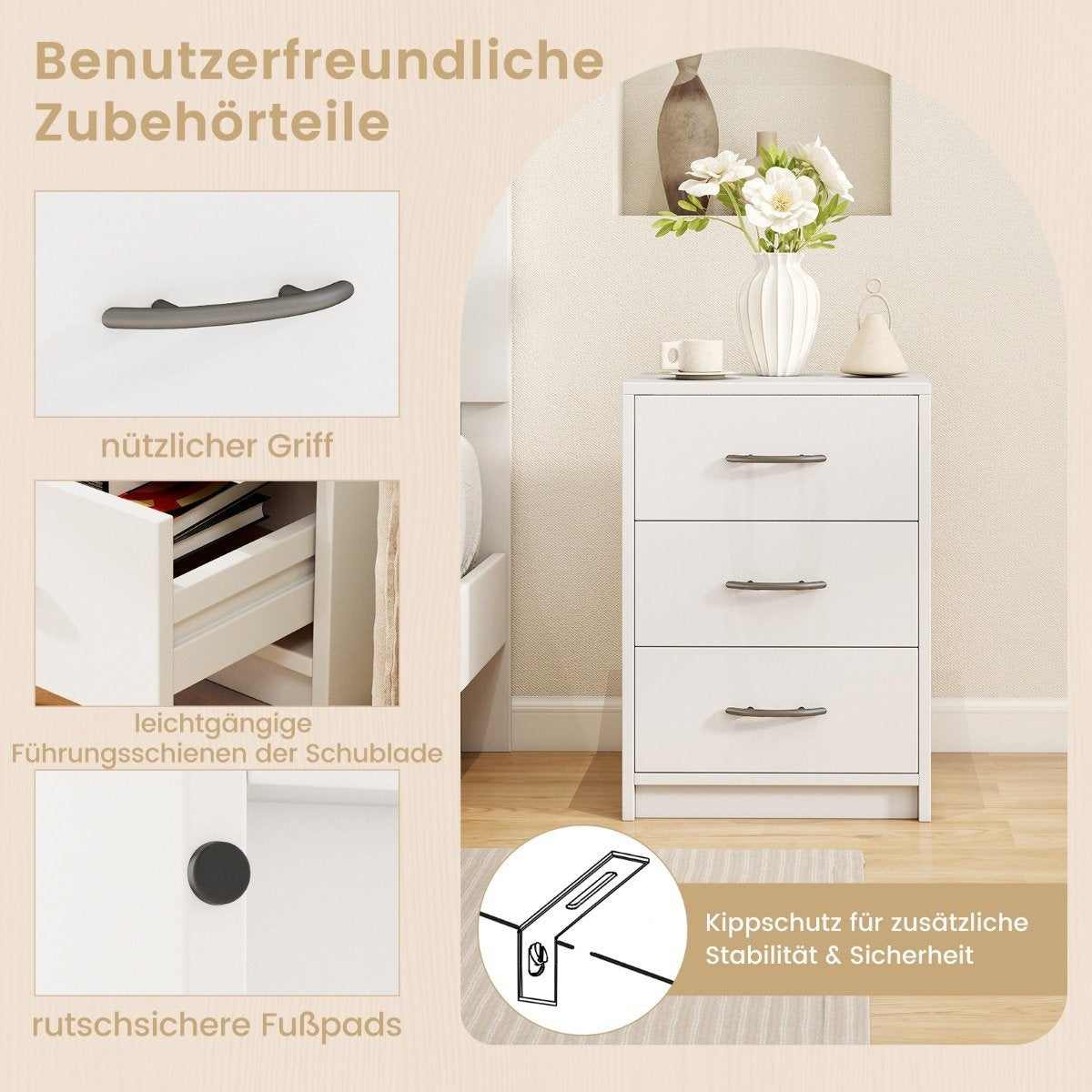 Nightstand with 3 Drawers, White, 38.5 x 28 x 54 cm