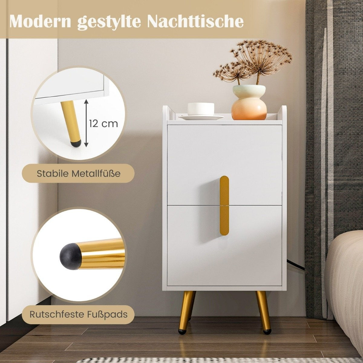 Nightstand with Charging Station, 2 Drawers, USB Ports, White