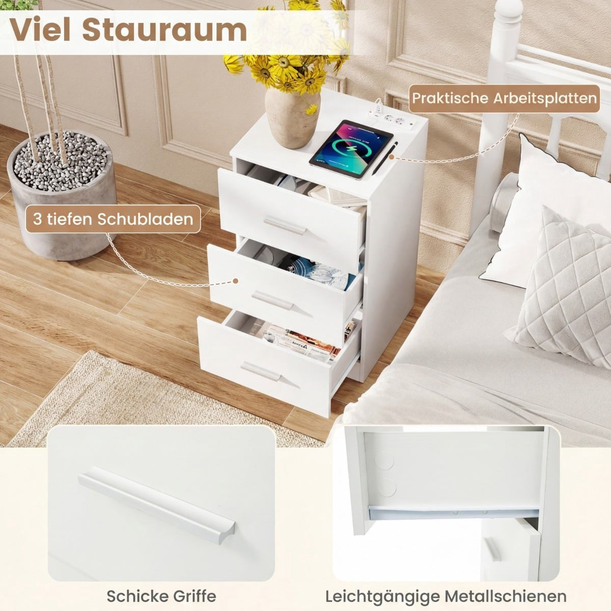 Nightstand with Charging Station, 3 Drawers, White, 38x35x66 cm