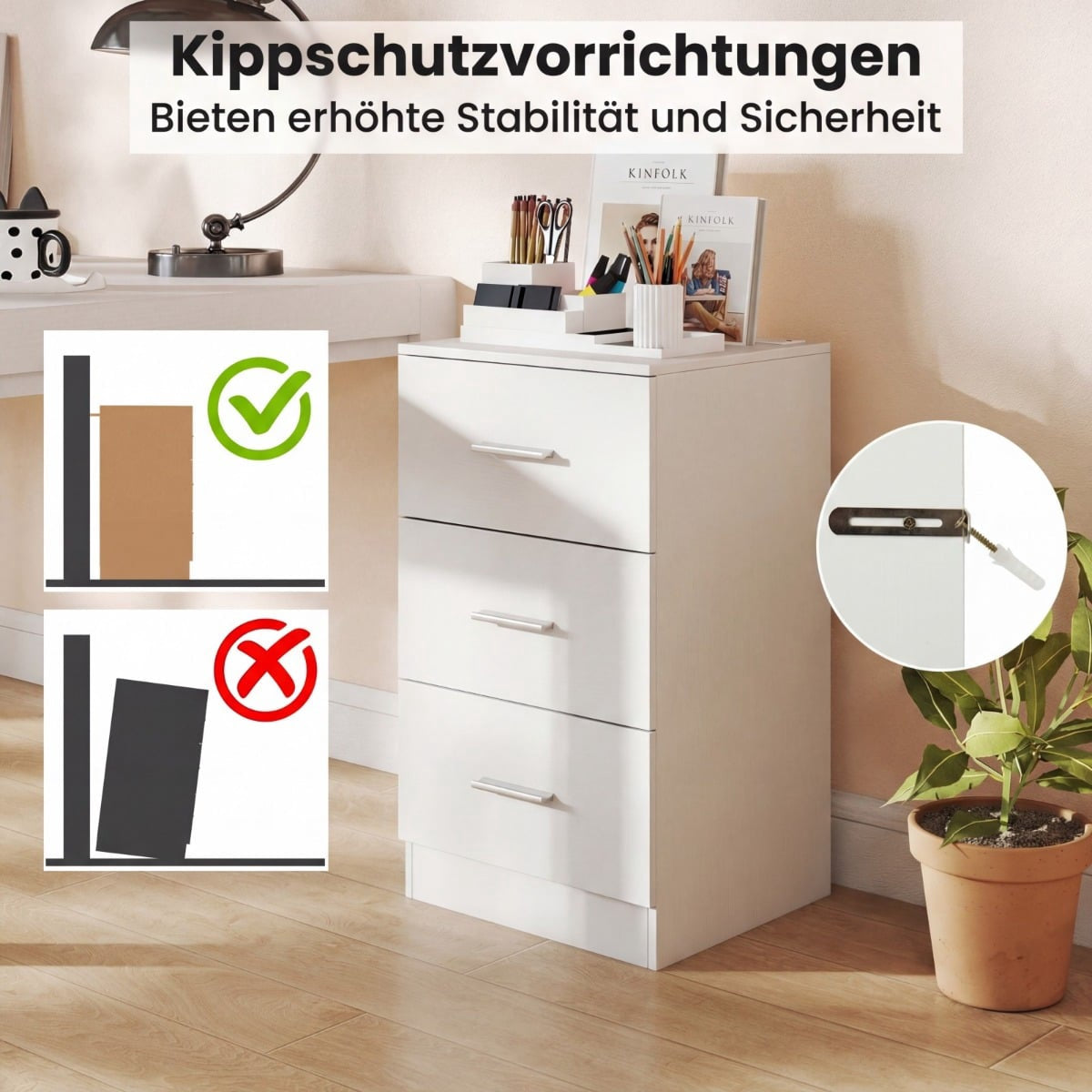 Nightstand with Charging Station, 3 Drawers, White, 38x35x66 cm