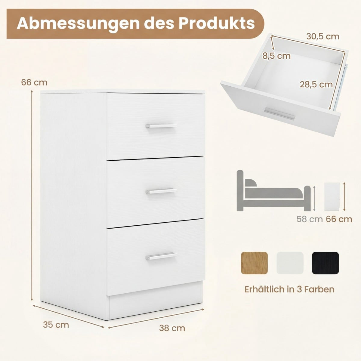 Nightstand with Charging Station, 3 Drawers, White, 38x35x66 cm