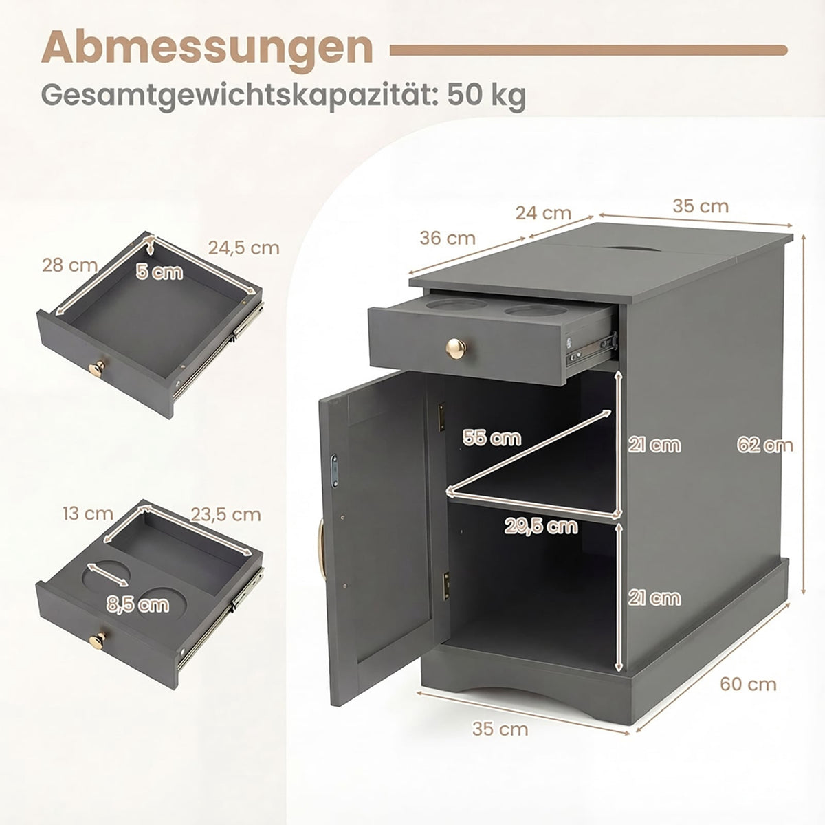 Nightstand with Charging Station, Adjustable Shelf, Gray Wood