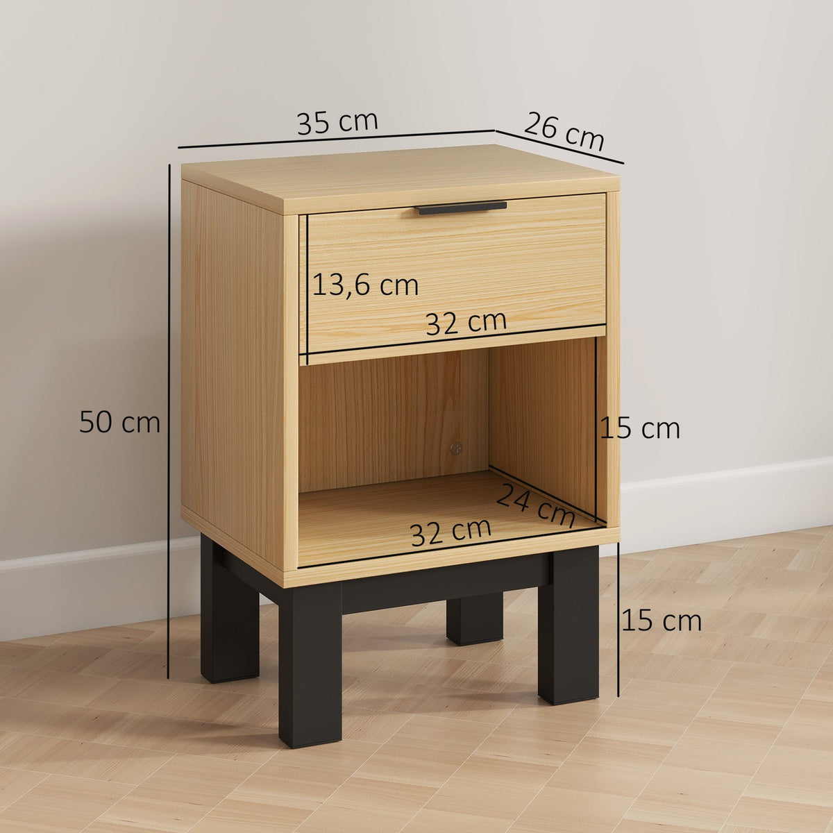 Nightstand with Drawer and Shelf, Oak, 35 x 26 x 50 cm
