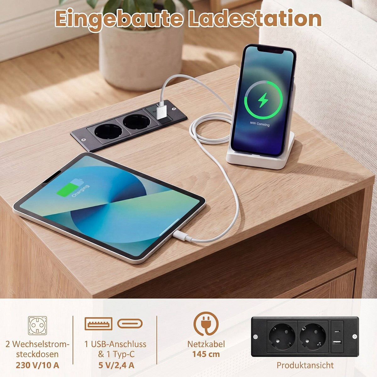 Nightstand with LED Lights & Charging Station, Rattan Drawers