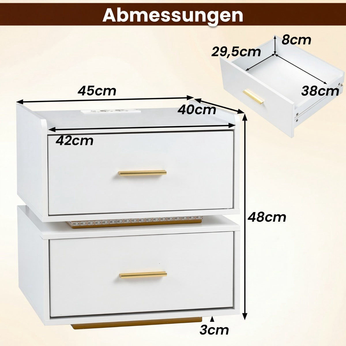 Nightstand with LED Lights and Charging Station, 2 Drawers
