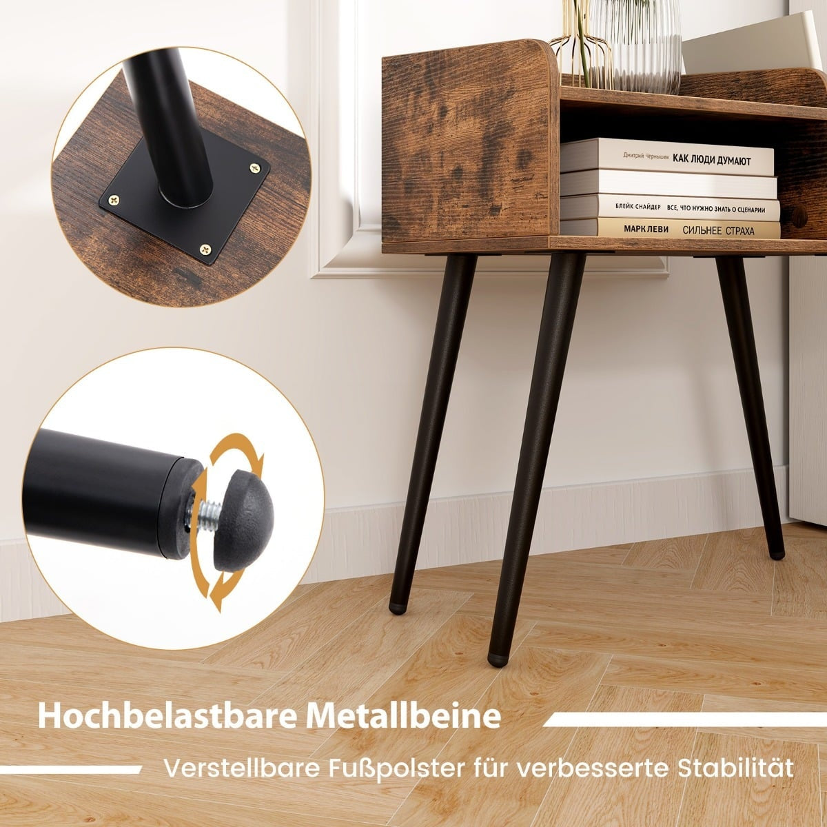 Nightstand with Open Shelf, Metal Legs, Set of 2, Rustic Brown